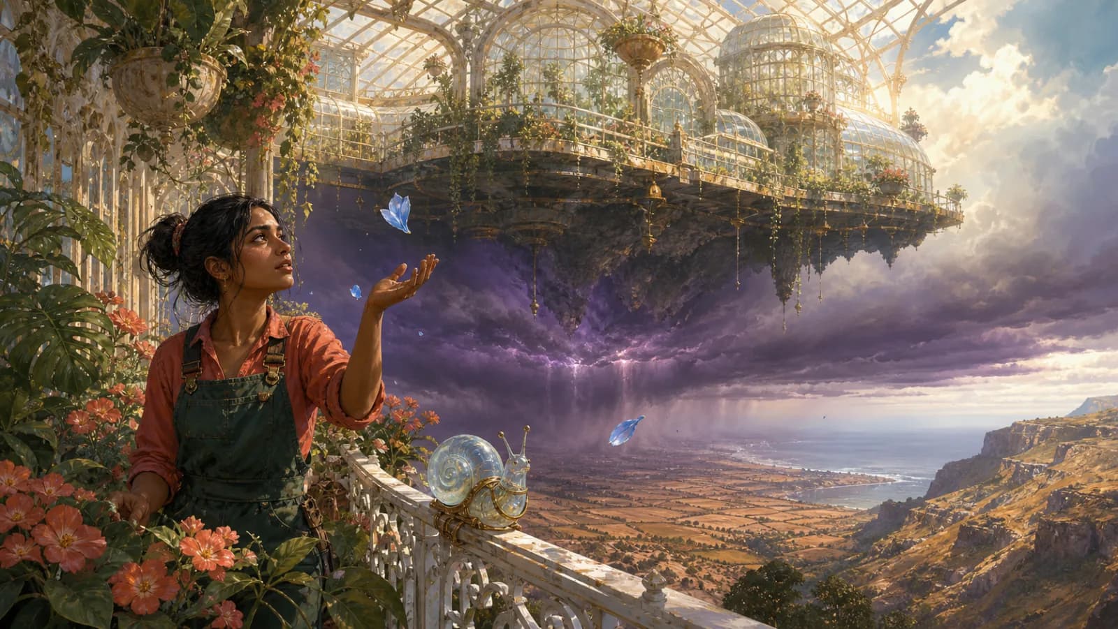 A glass garden floating above a storm-darkened valley