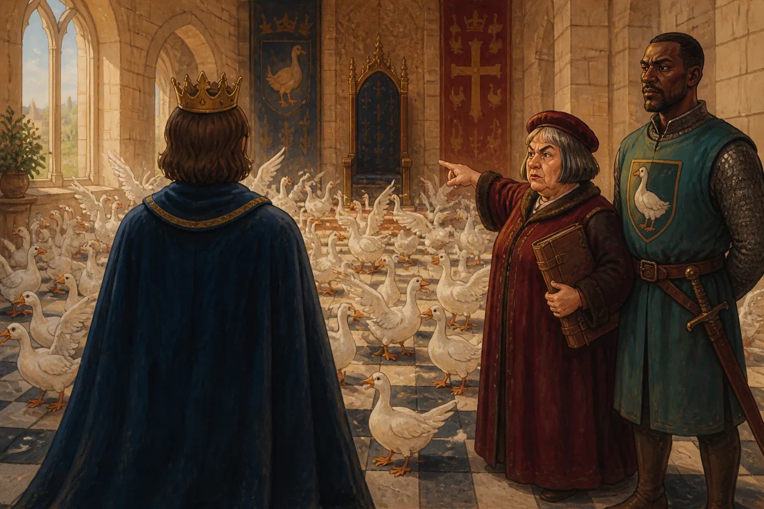 A newly crowned ruler faces a throne room full of geese while two royal advisers look on